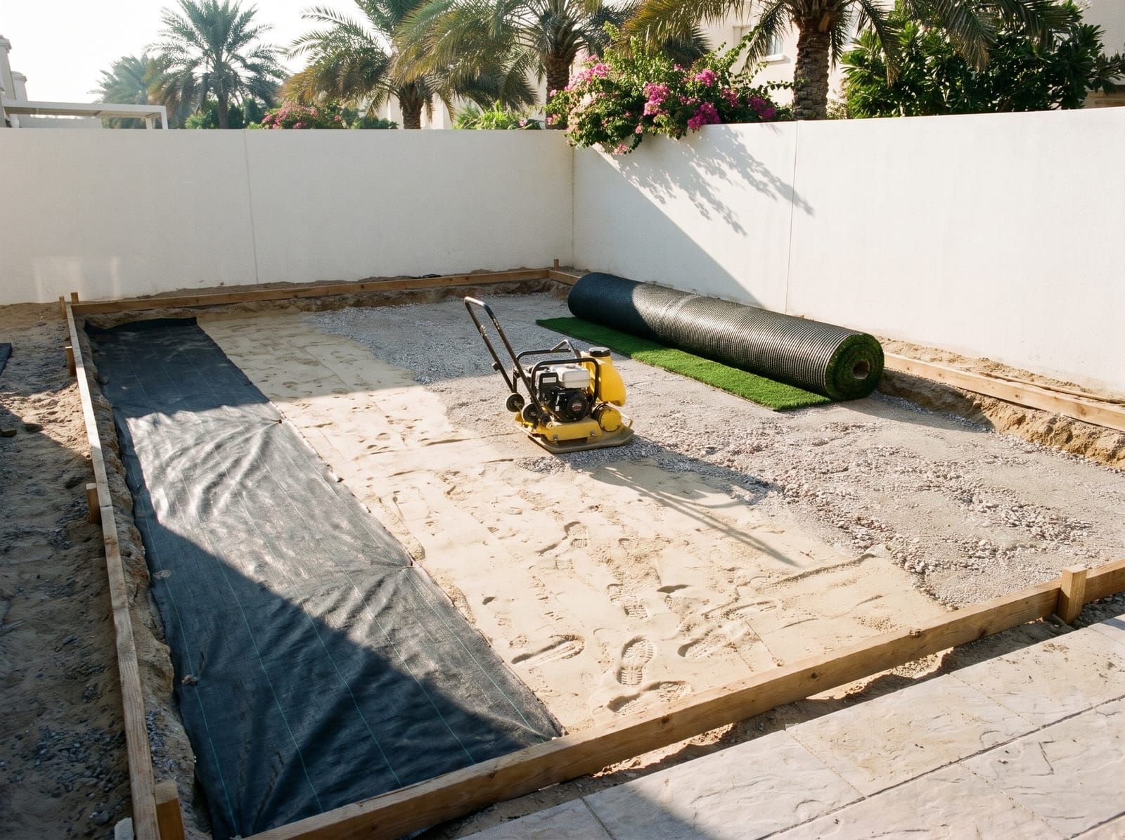A garden base mid-installation, compacted sand and crushed stone with weed membrane laid over half, a plate compactor and a roll of grass