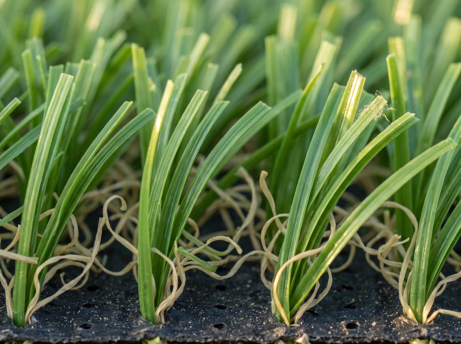 Close-up of artificial grass blades in two greens standing in tidy rows over curly tan thatch yarn, rooted in a black perforated backing