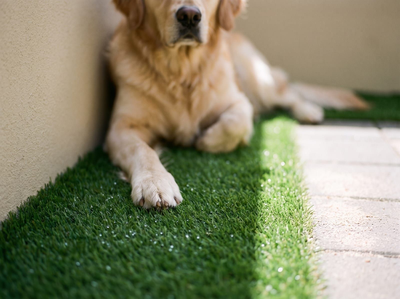 A golden retriever resting on short, dense artificial grass in the shade of a wall, with paving alongside
