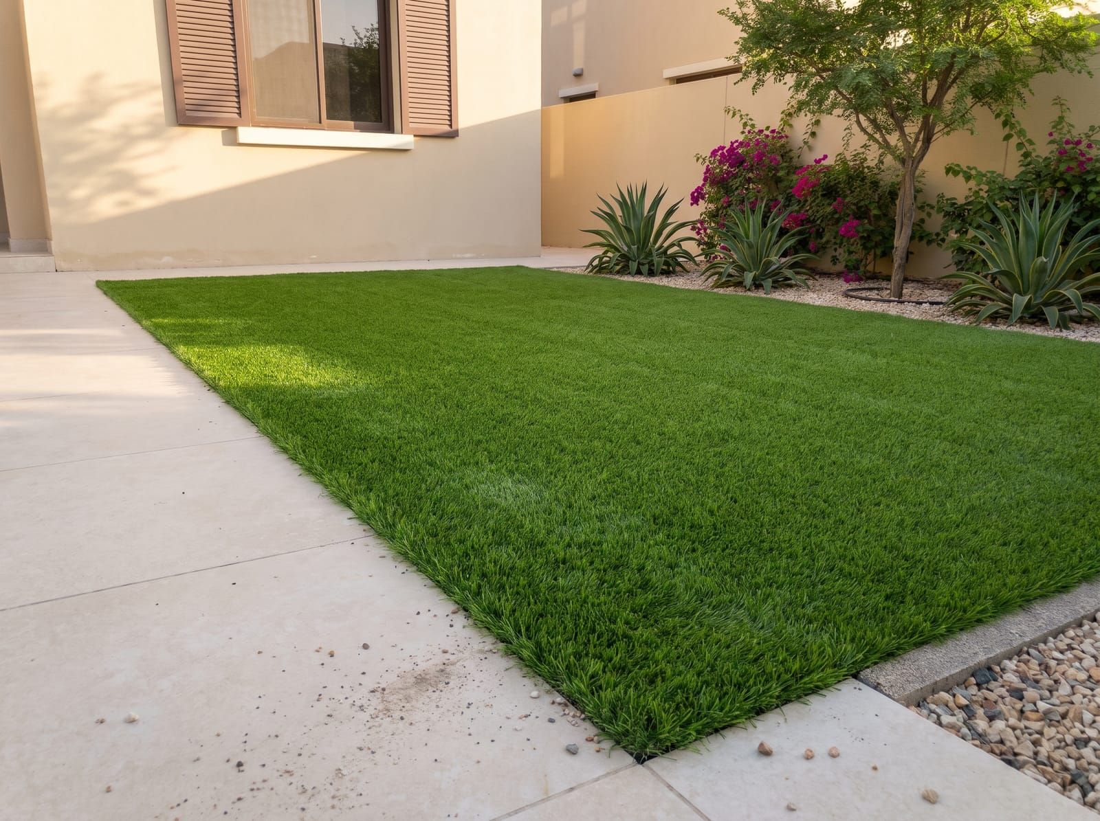 A villa garden lawn of artificial grass with a clean straight edge against cream paving and a planting bed of agave and bougainvillea