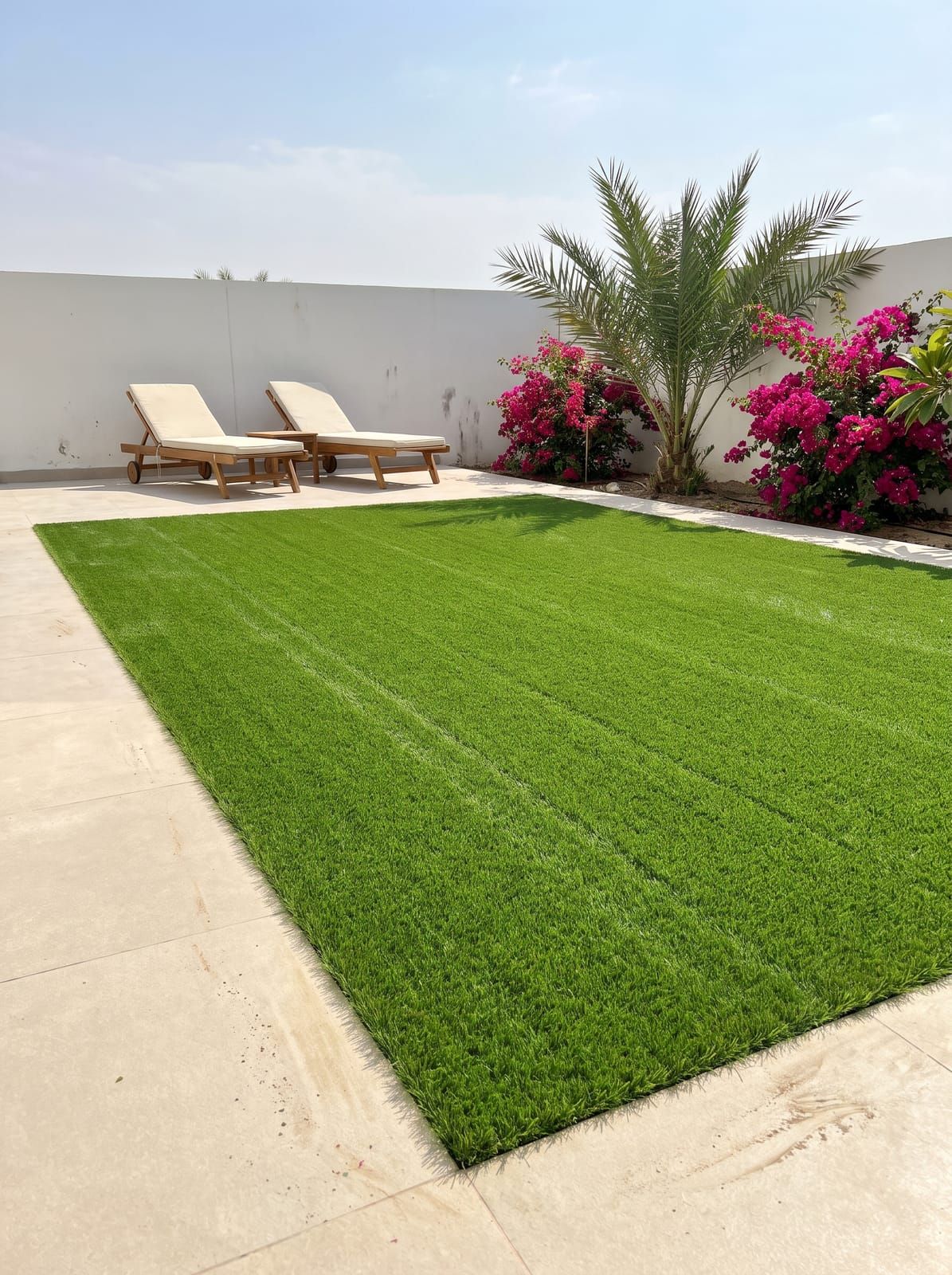 A newly laid artificial grass lawn edged straight against pale paving, with two sun loungers, bougainvillea and a palm behind