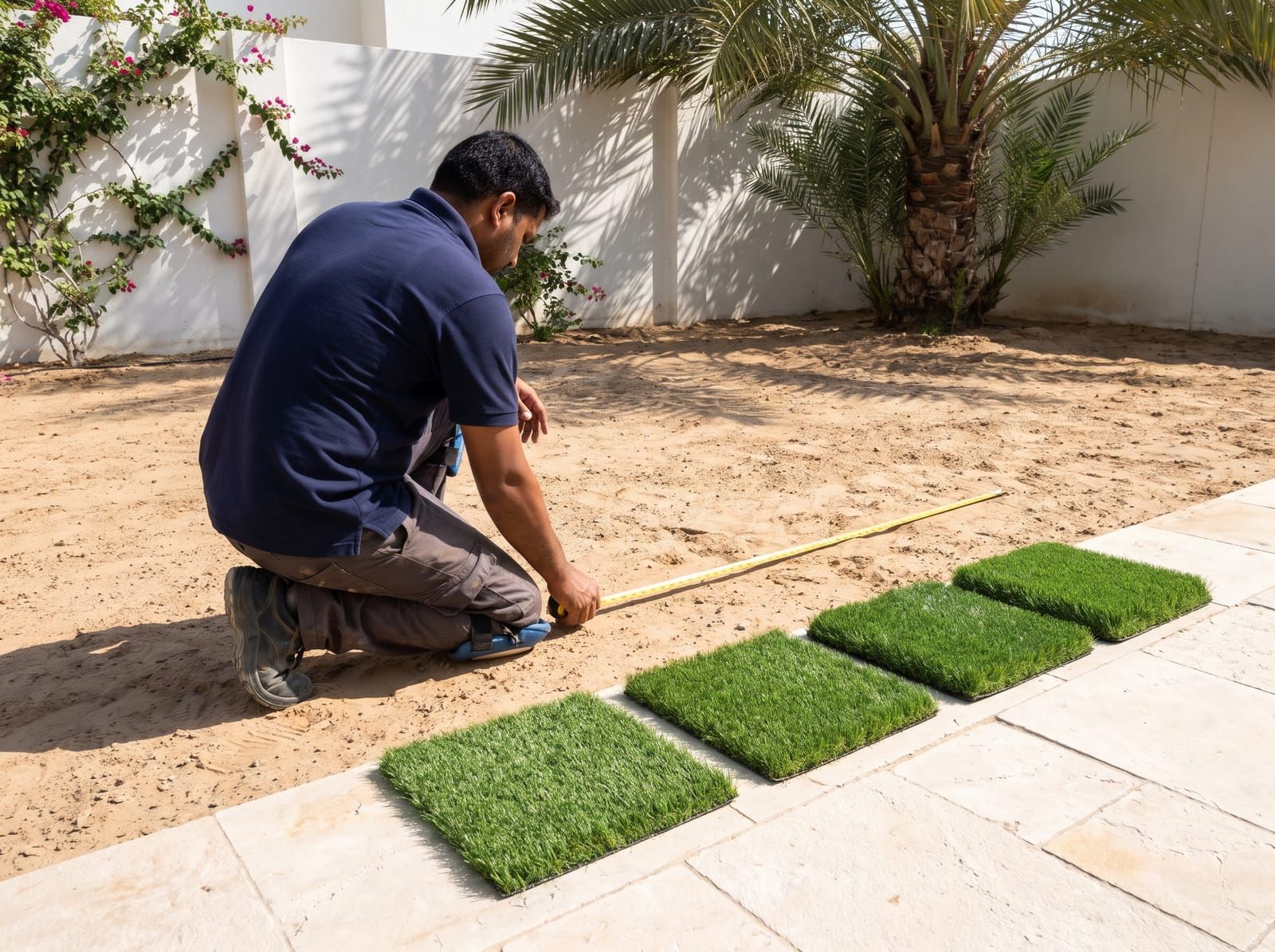 A man kneeling on levelled sand in a garden to measure the area with a tape, four grass samples laid in a row beside him