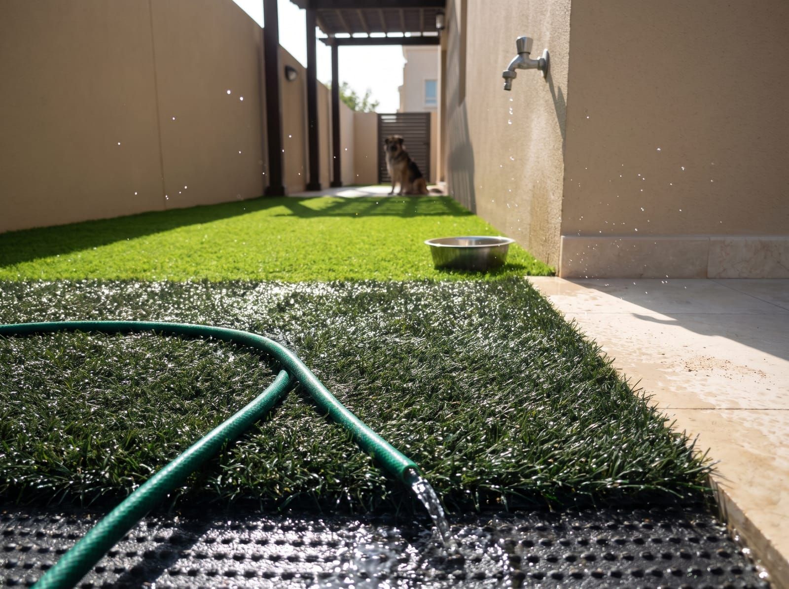 Hose water running over a short artificial grass pet run, a tap on the wall and a dog sitting at the far end