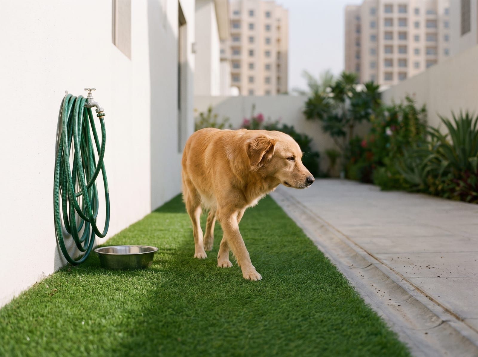 A golden dog walking along a strip of artificial grass beside a wall tap with a coiled hose and a steel water bowl