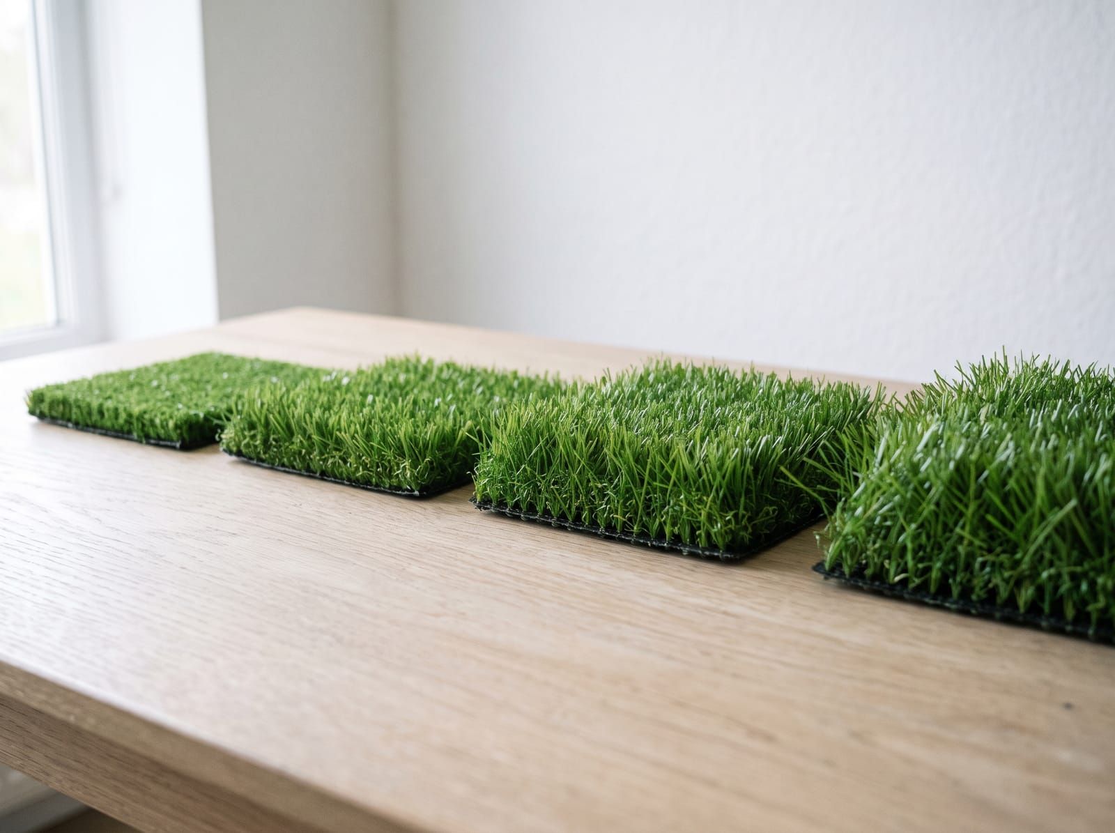 Four squares of artificial grass in a row on a wooden table, rising in pile height from short and flat to long and plush