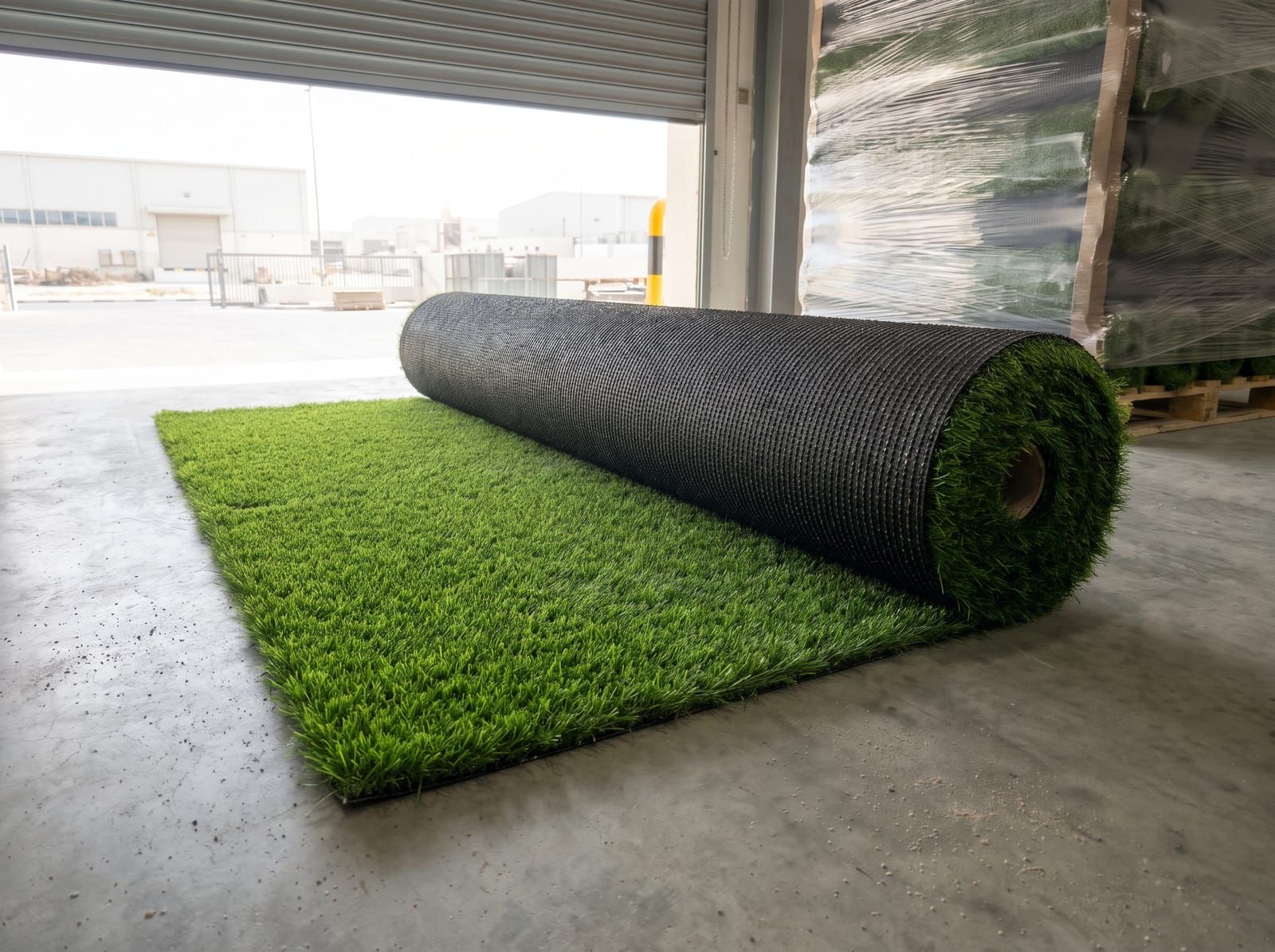 A roll of artificial grass part unrolled across a warehouse floor, the black backing showing on the roll