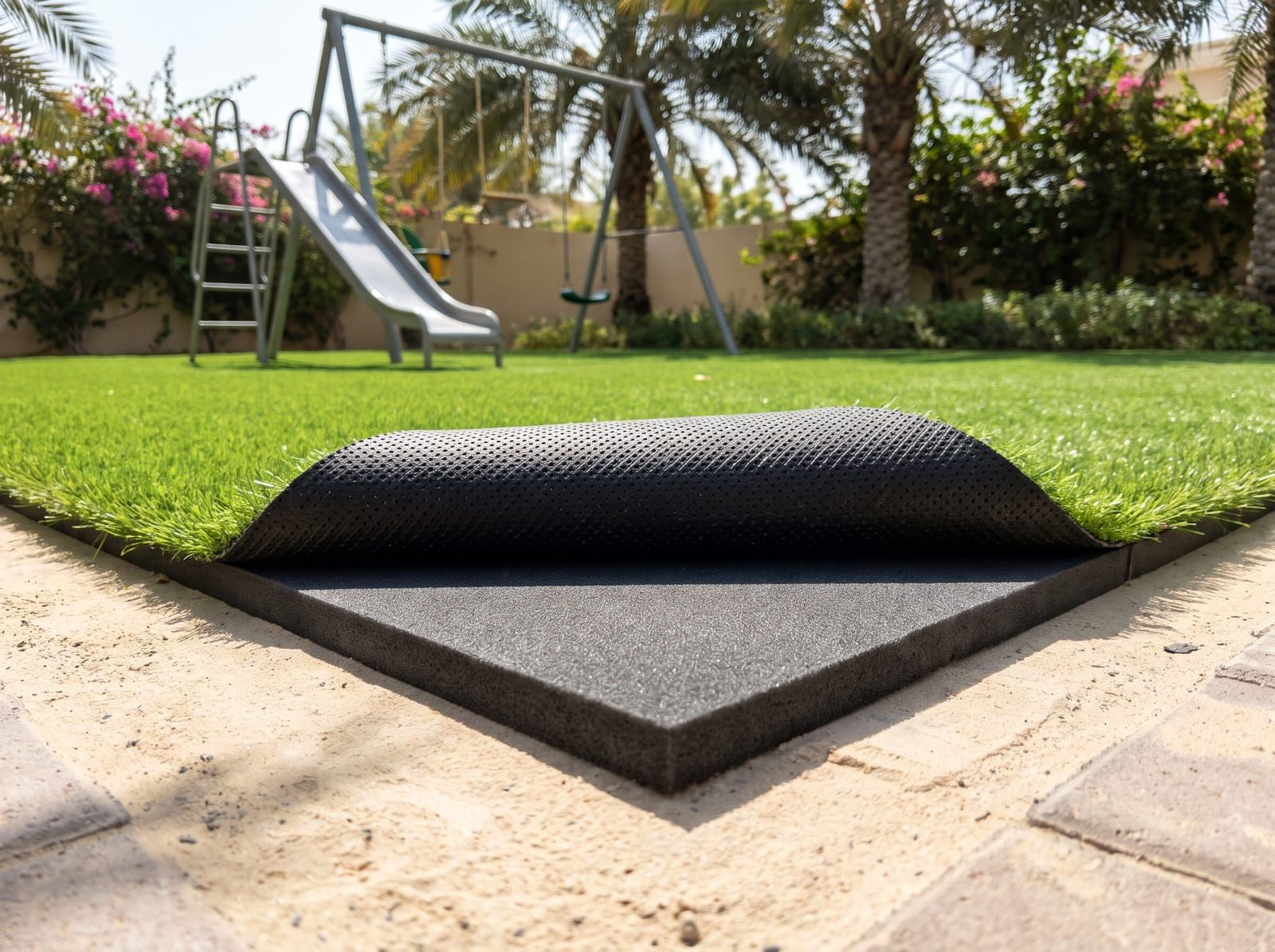 A corner of artificial grass folded back to show its black backing and the foam shock pad beneath, with a swing set behind
