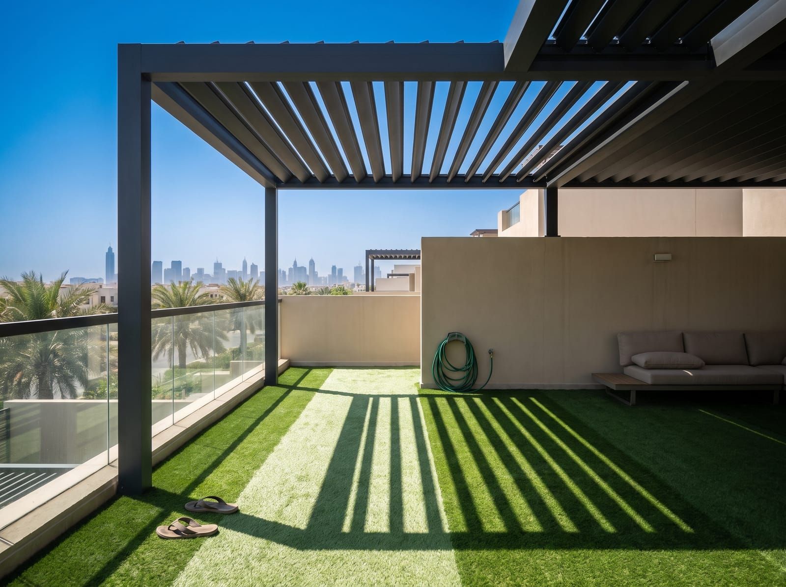 Stripes of shade from a louvred pergola across artificial grass on a terrace, flip-flops left at the edge of the sunlit part