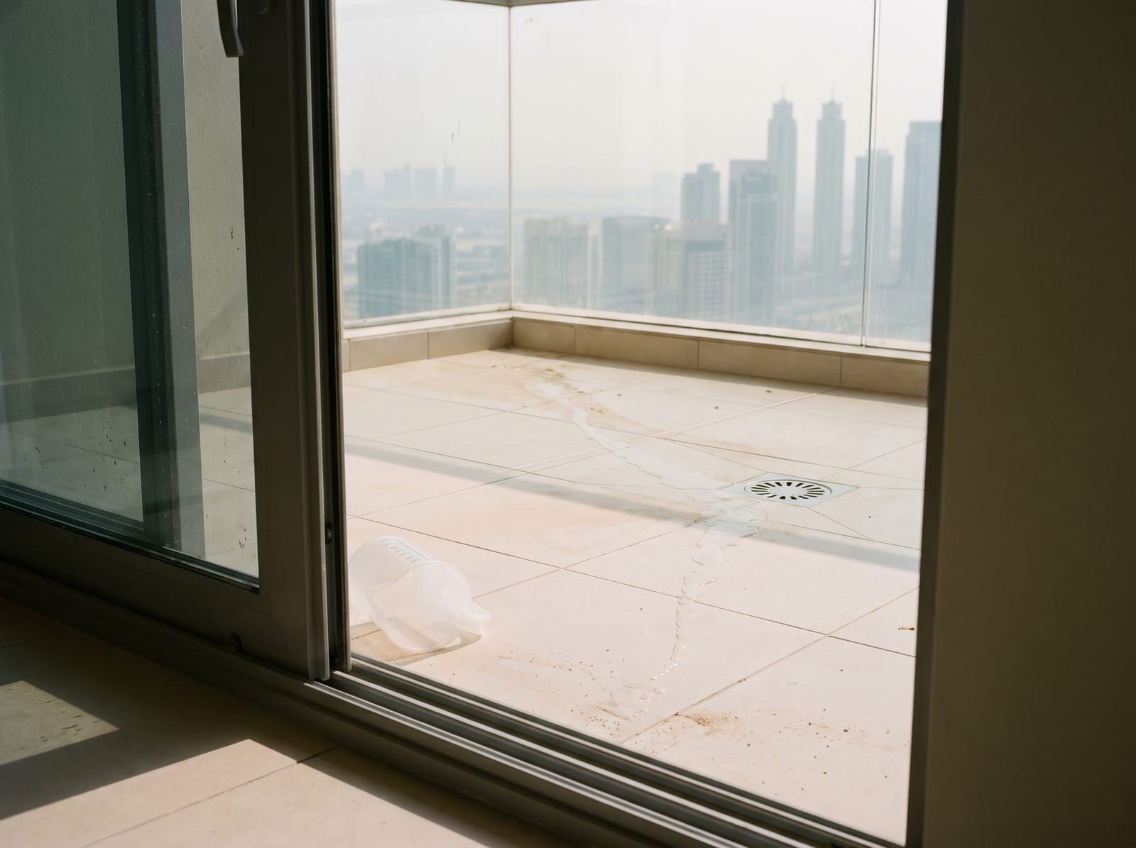 A bare tiled balcony before the grass, with a thin trail of poured water running across the tiles towards the floor drain