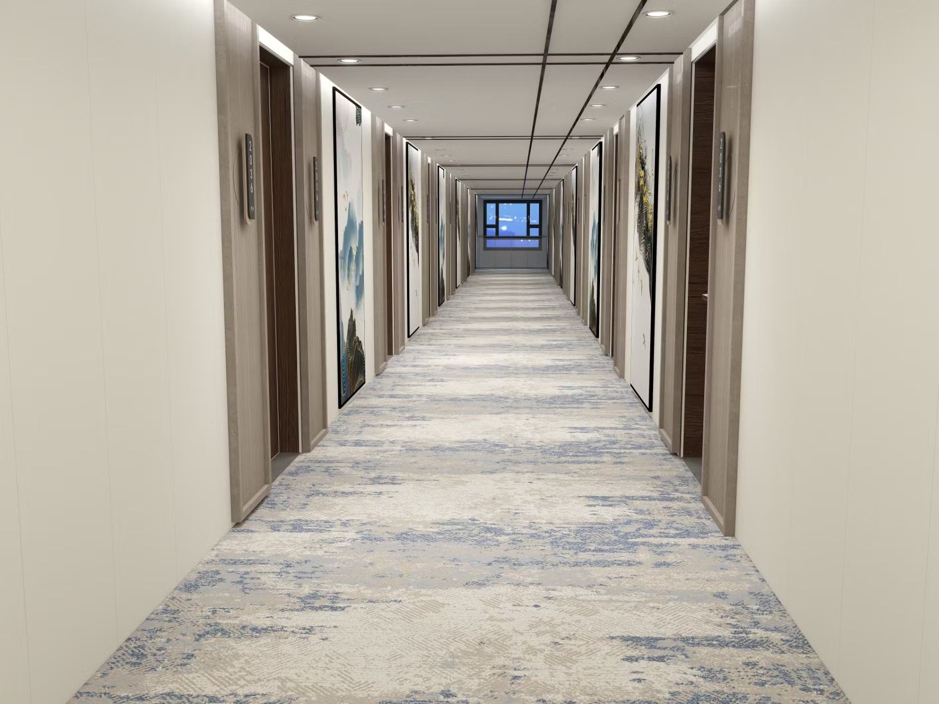 A hotel corridor carpeted wall to wall in a soft blue and cream printed carpet